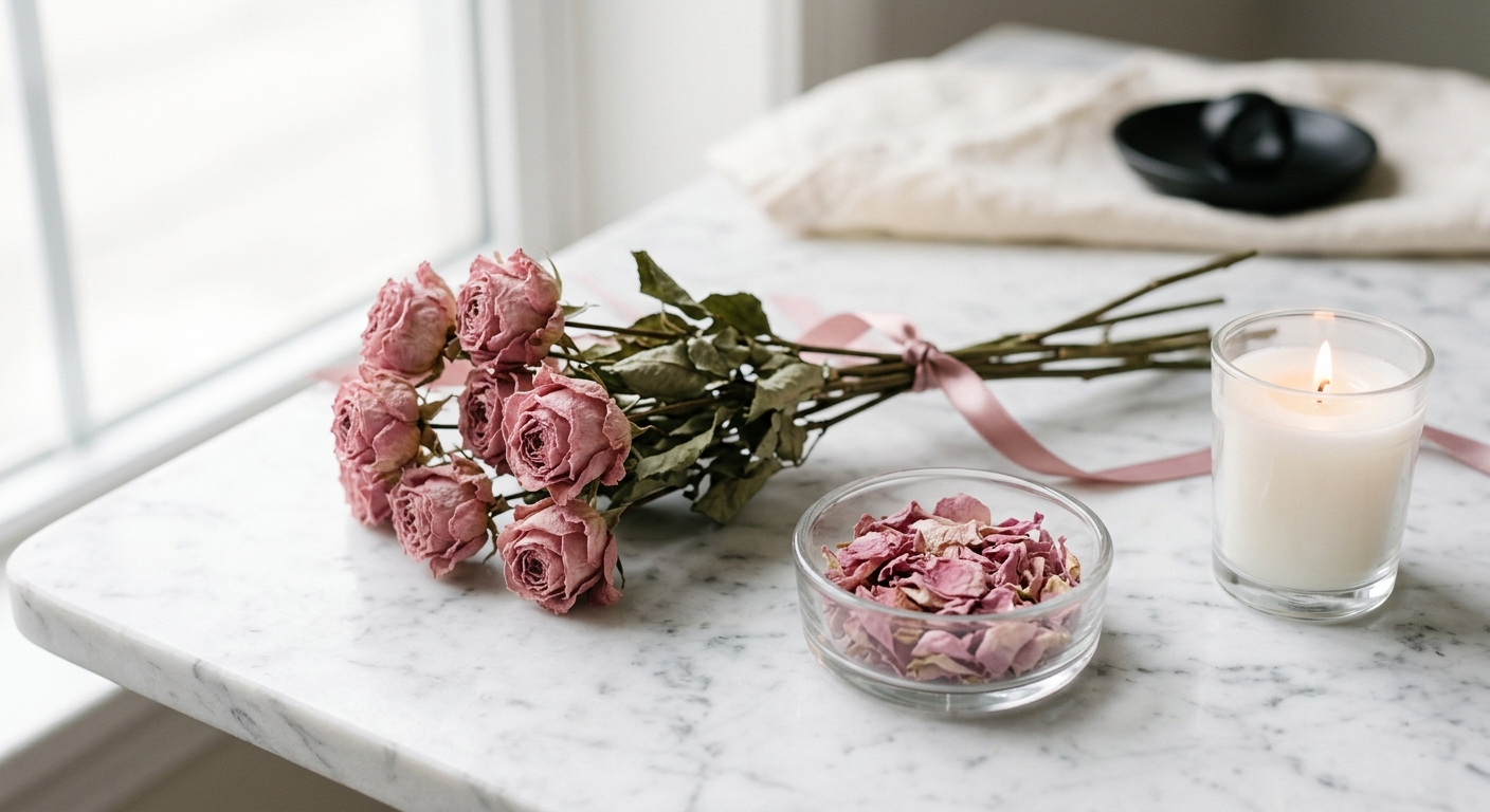 Roses séchées, bougie, satin rose sur marbre