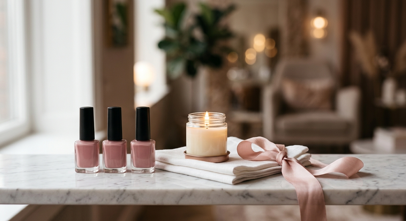 Coin salon marbre, bougie, flacons vernis rose poudré
