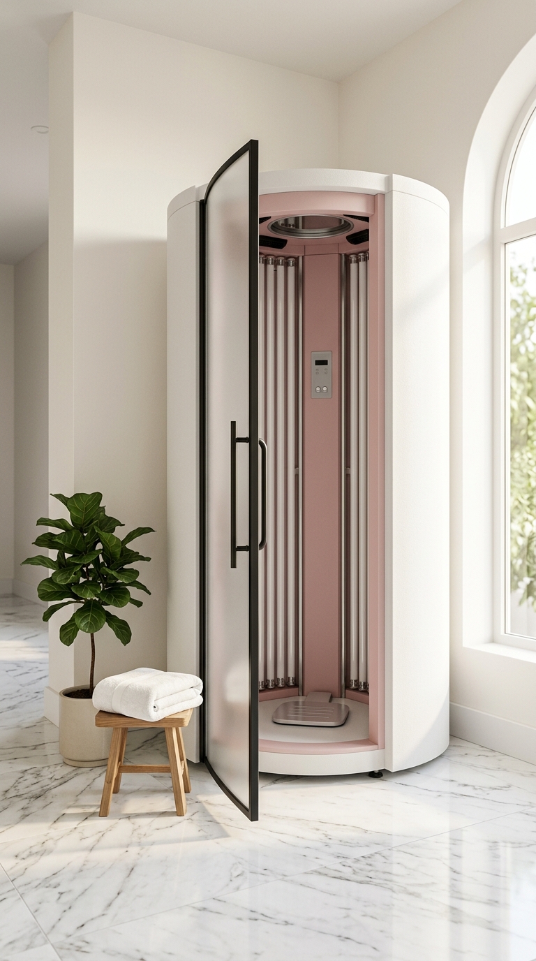 Cabine de bronzage : huile, serviette et pétales rose sur marbre