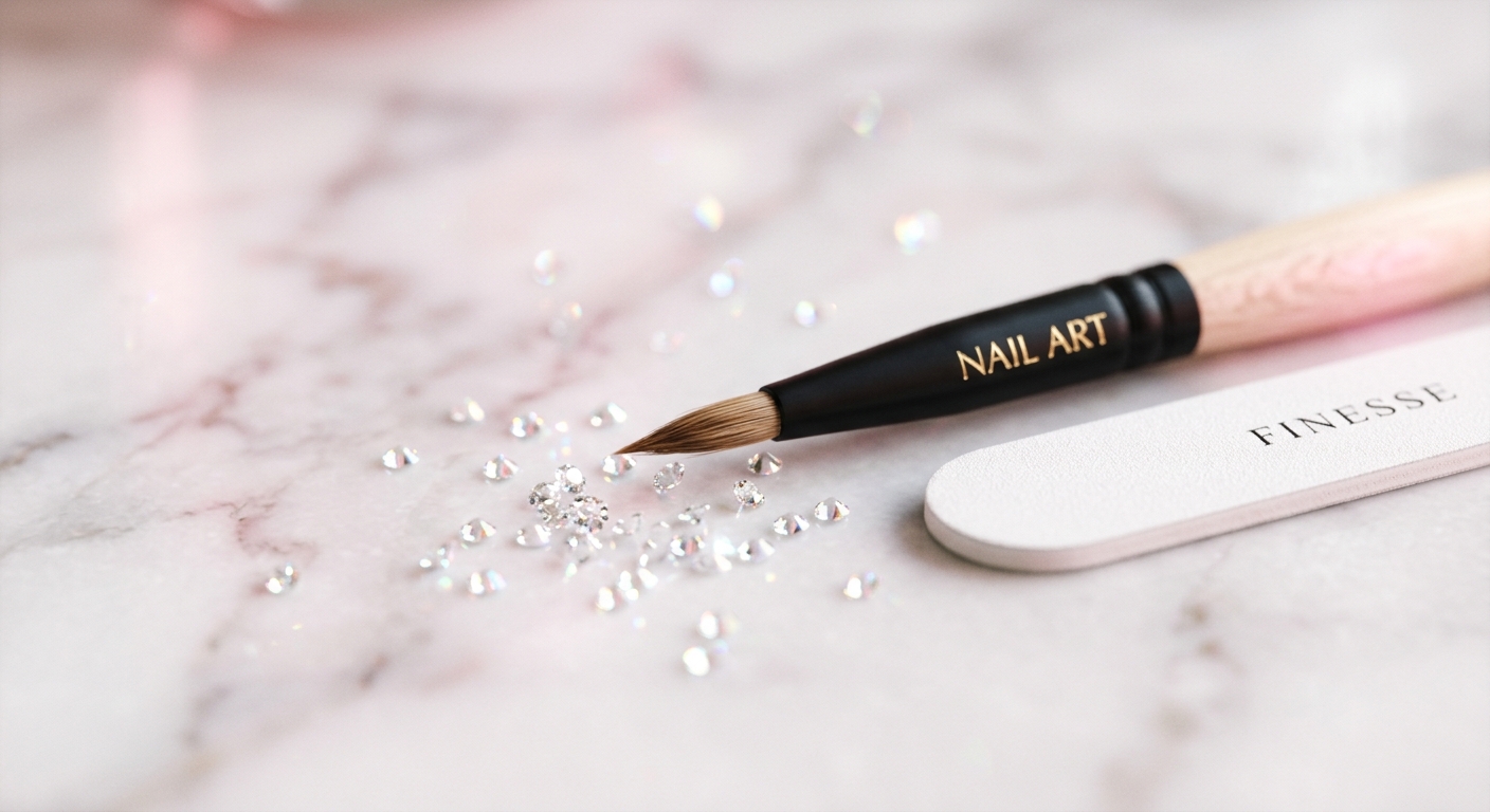 Pinceau nail art, lime et cristaux Swarovski sur marbre