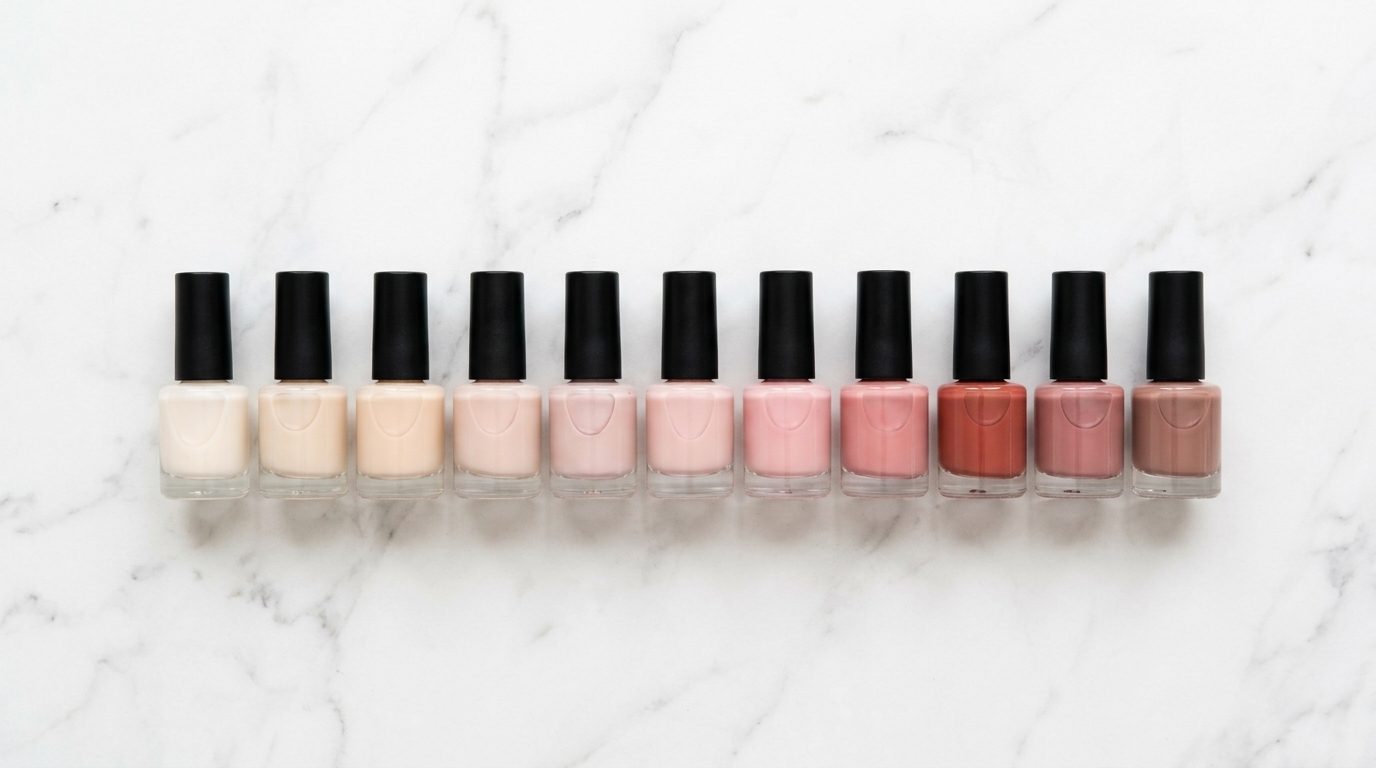 Flacons de vernis en dégradé nude, rose poudré et terracotta sur marbre