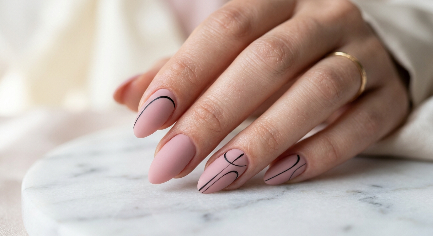 Nail art minimaliste lignes noires sur base rose poudré