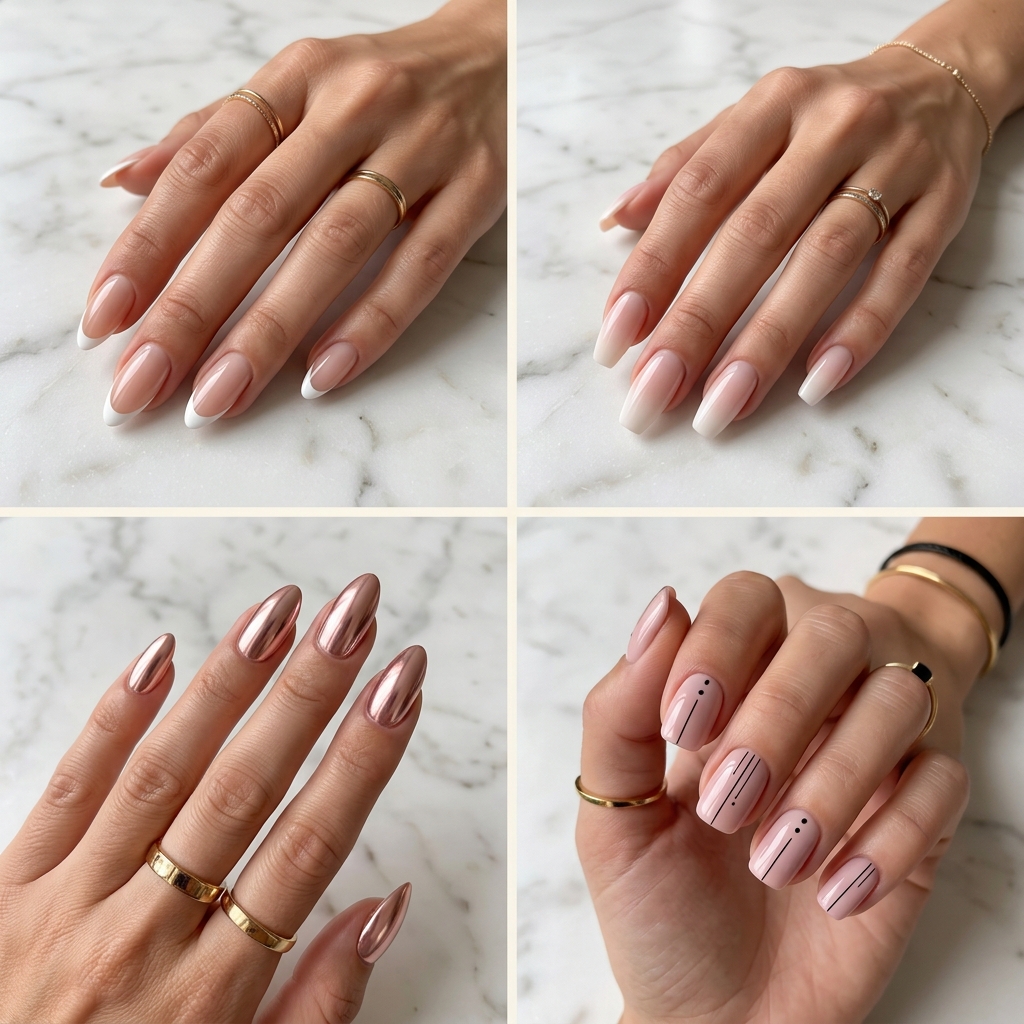 Moodboard 4 tendances manucure 2026 : french ultra-fin, babyboomer, chrome rose gold, nail art minimaliste