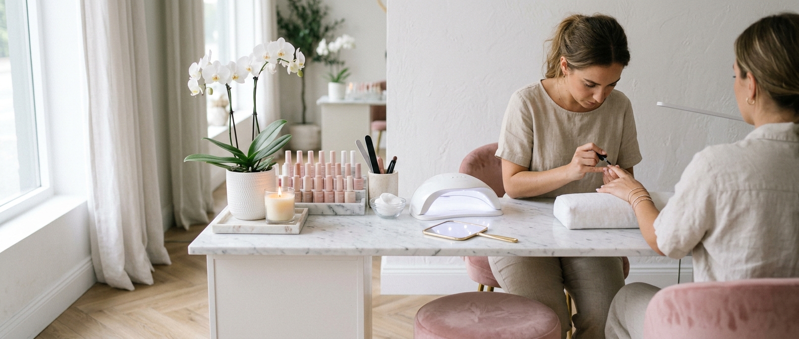 Vue du nouveau salon Nails Perfect 2026 : poste de travail marbre, lampe UV, orchidée et bougie