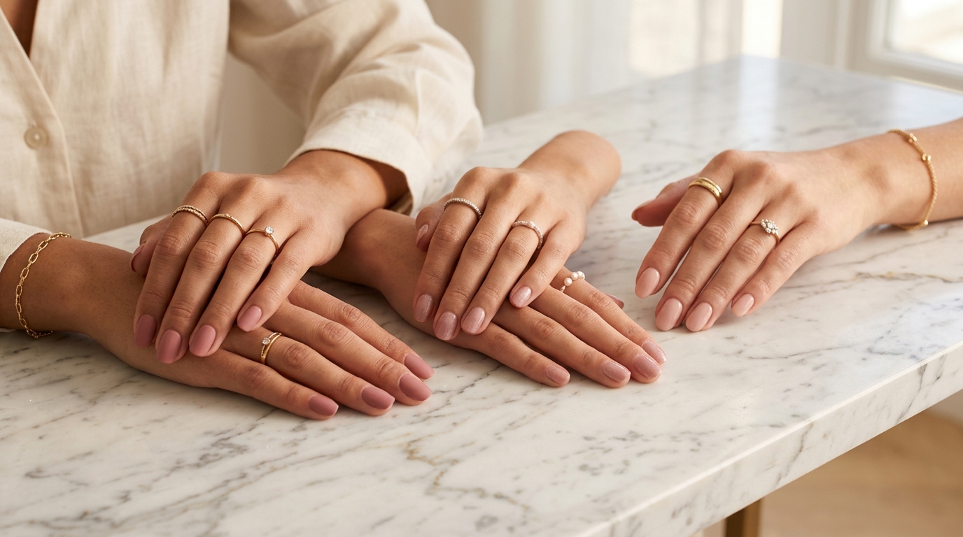 Trois paires de mains aux manucures nude rosé sur marbre — clientes fidèles