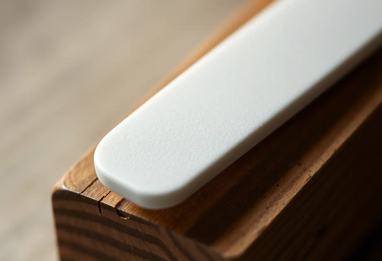 Un coupe-ongles céramique posé sur un bloc en bois, lumière douce