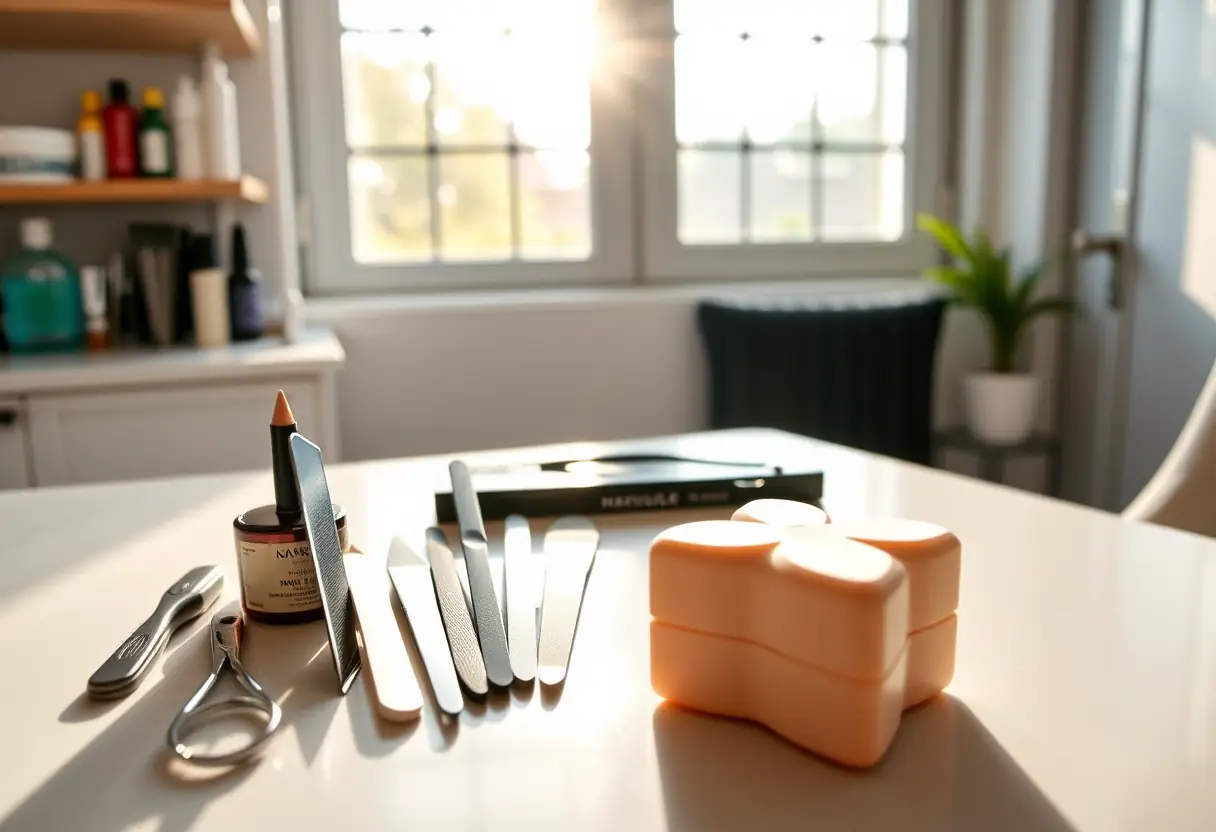 Station de manucure avec divers outils d'esthétique des ongles, lumière du matin