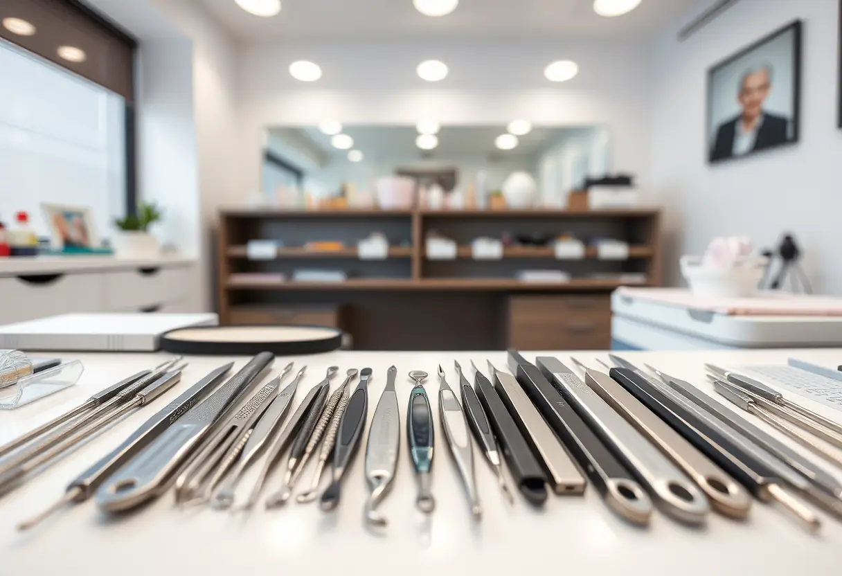 Ensemble de petits outils de manucure professionnels sur un plan de travail dans un salon bien éclairé