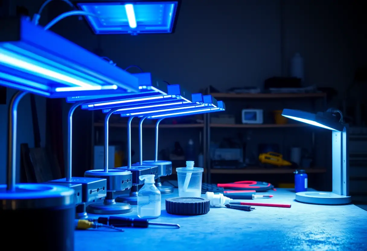 Lampe UV sur le bureau de travail d'une prothésiste ongulaire, lumière bleue caractéristique