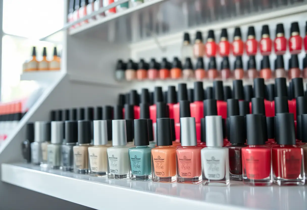 Étagère bien organisée dans une boutique de fournitures de beauté avec des bouteilles de vernis