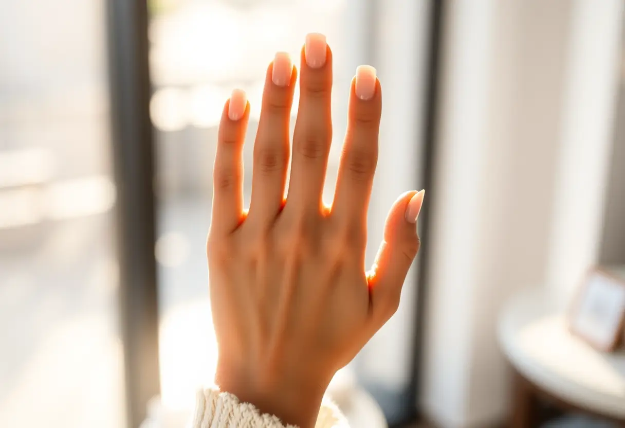 Une cliente observe ses nouveaux ongles en acrylique éclairés par la lumière naturelle