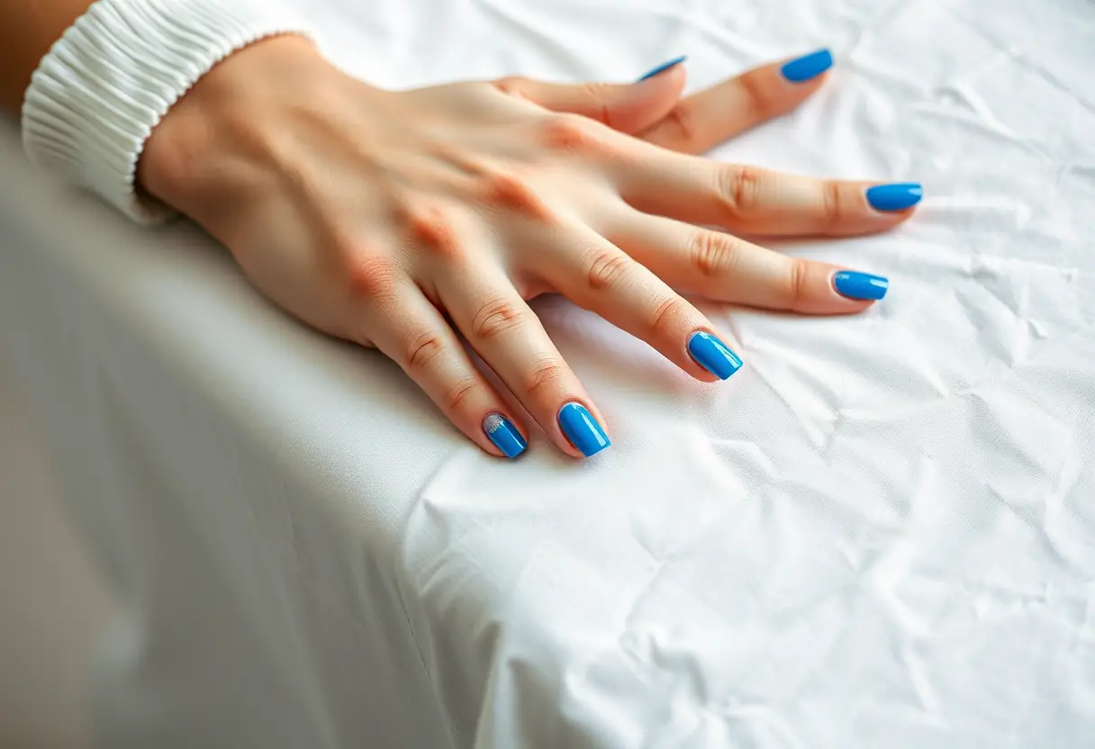 Une cliente pose sa main à l'onglet artificiel bleu vif, ongles et beauté