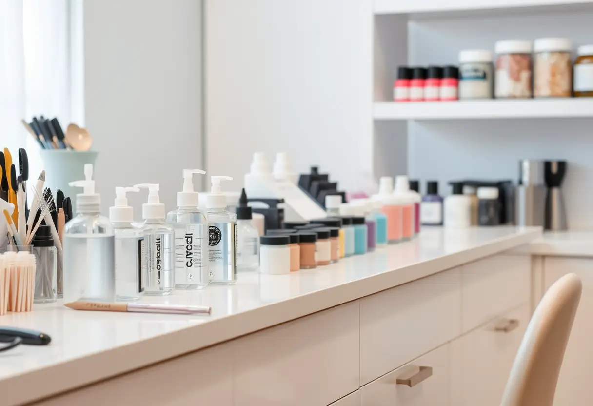 Comptoir bien rangé avec outils et contenants pour la pose d'ongles en acrylique