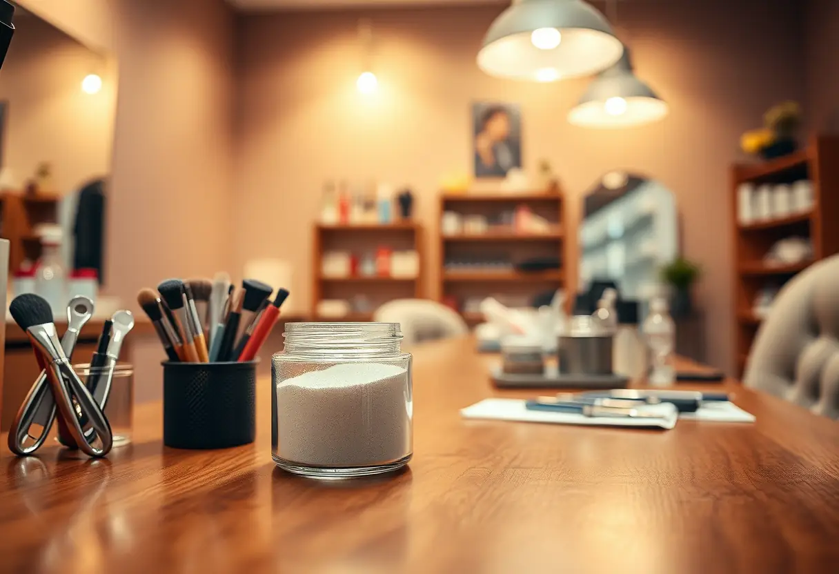 Pot de poudre acrylique sur une table dans un salon de manucure