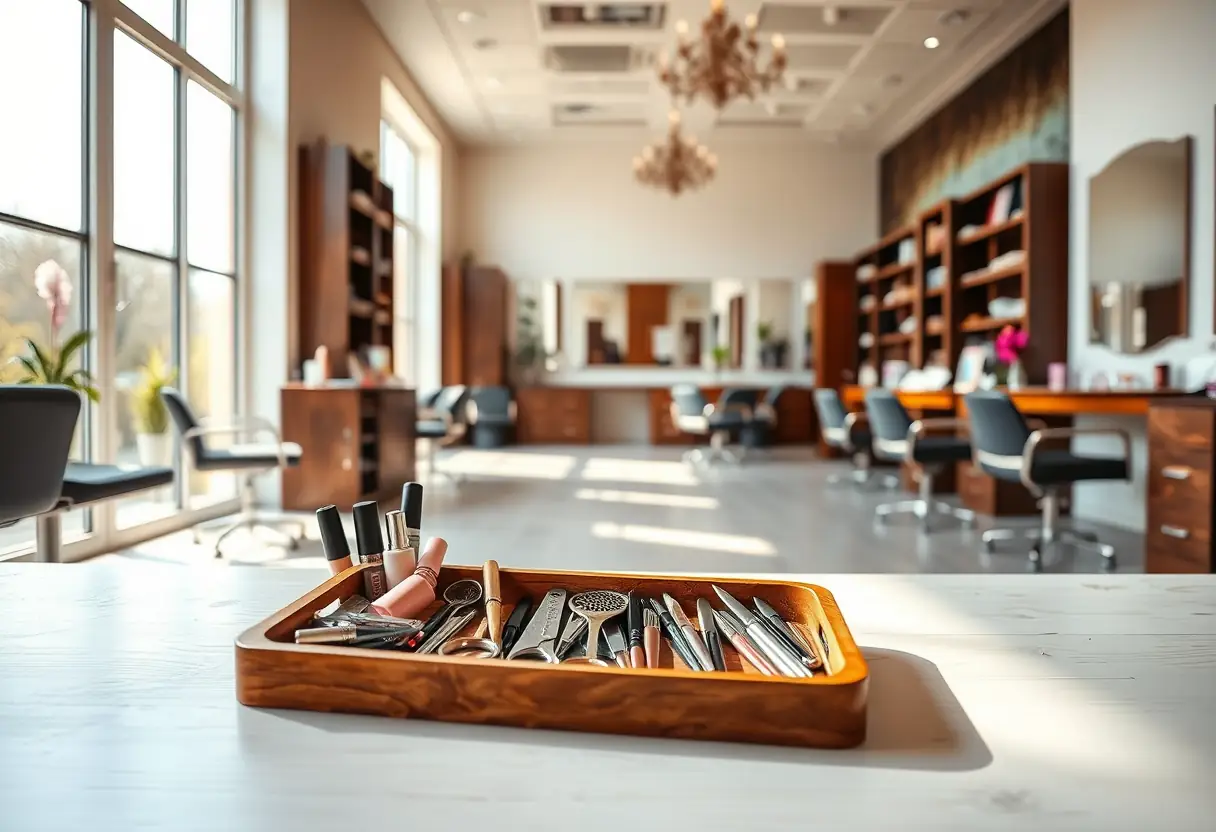 Salon de beauté avec outils de manucure rangés sur plateau en bois, sous la lumière du jour