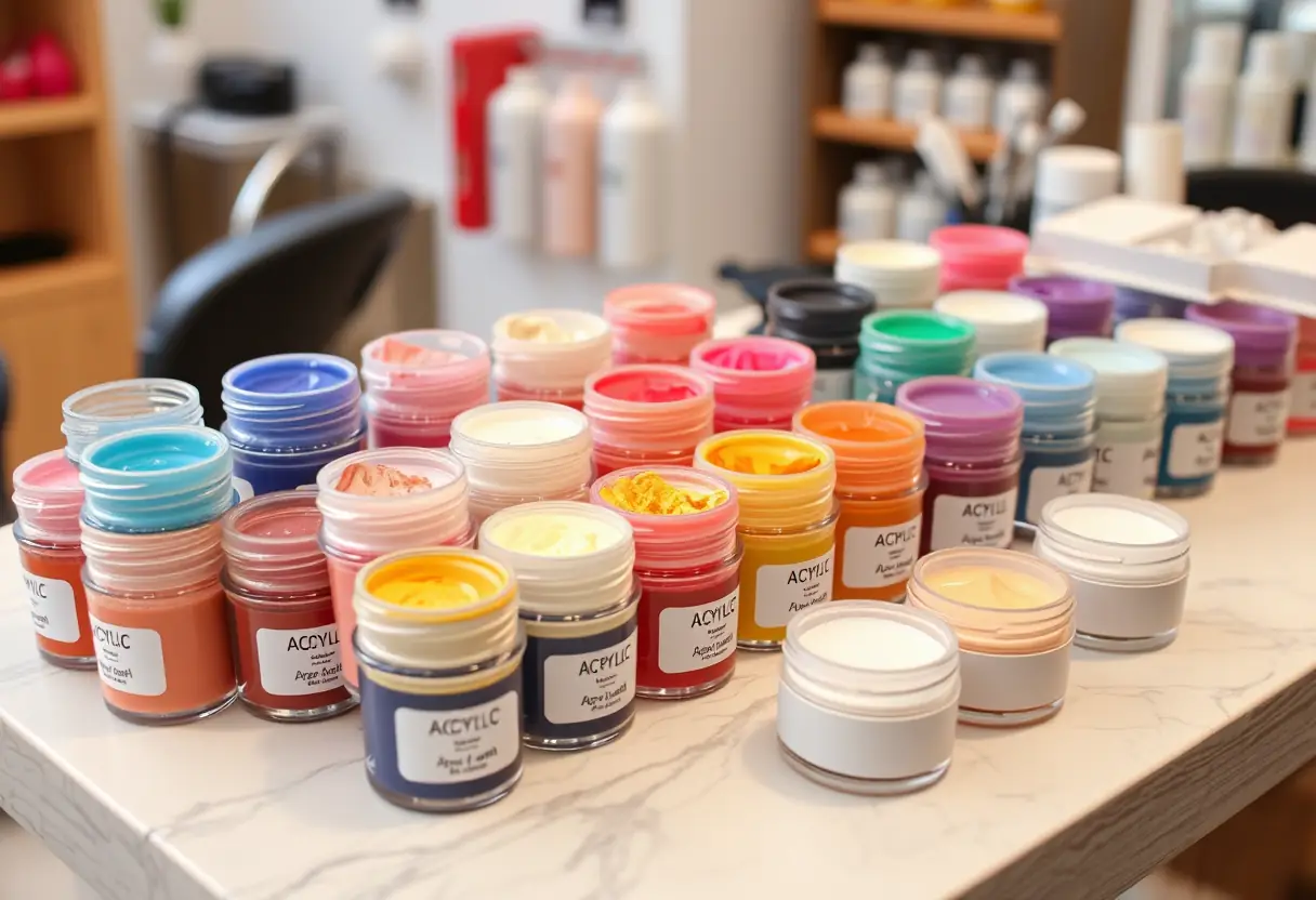 Conteneurs de poudre acrylique dans un salon d'esthétisme