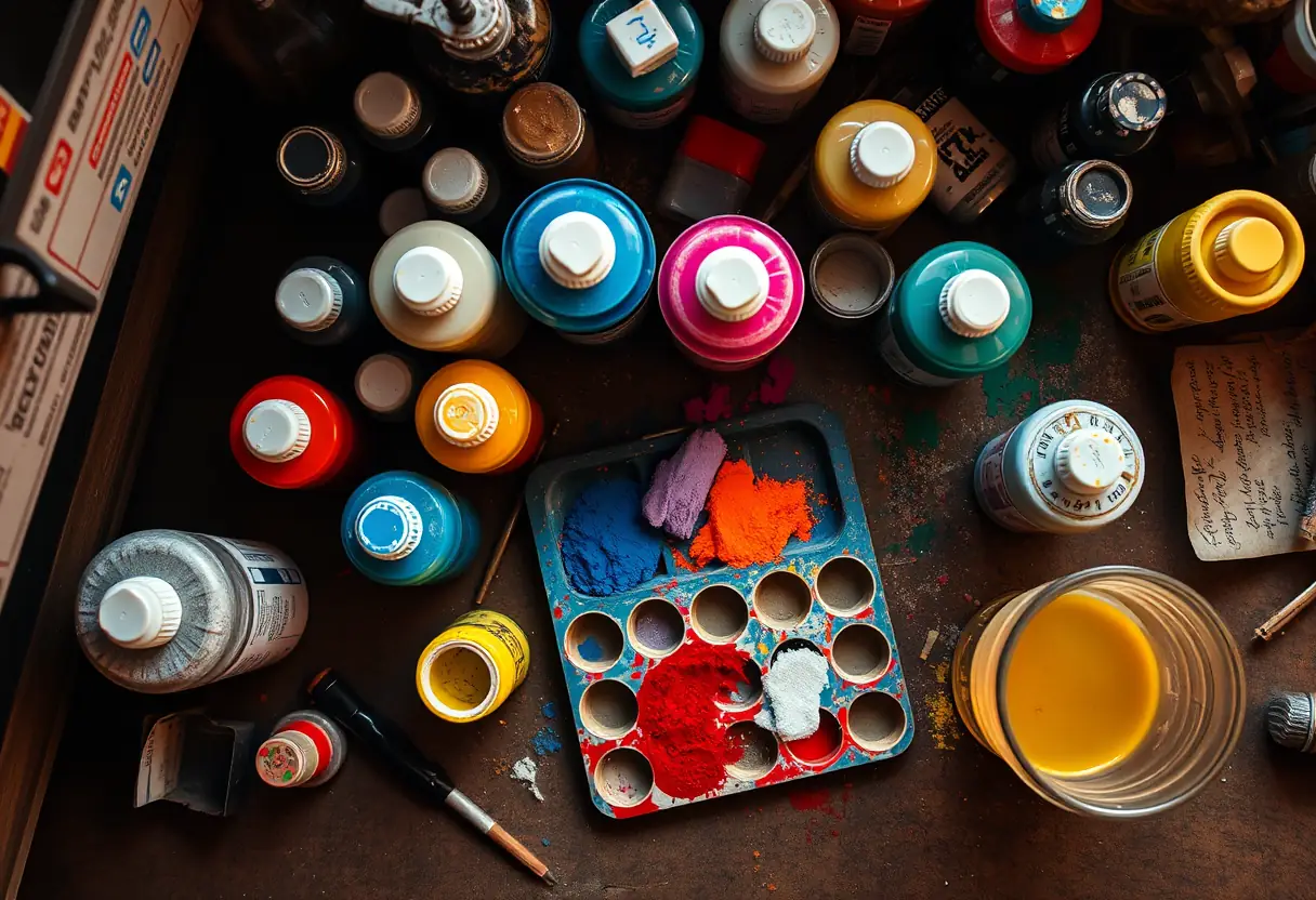 Bouteilles de poudre acrylique et pigments sur le bureau de travail