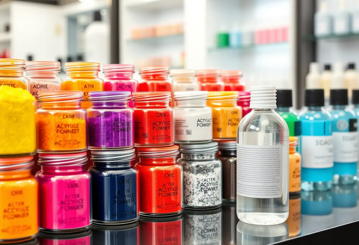 Jars de poudre acrylique dans un salon de beauté, options pour l'ongle