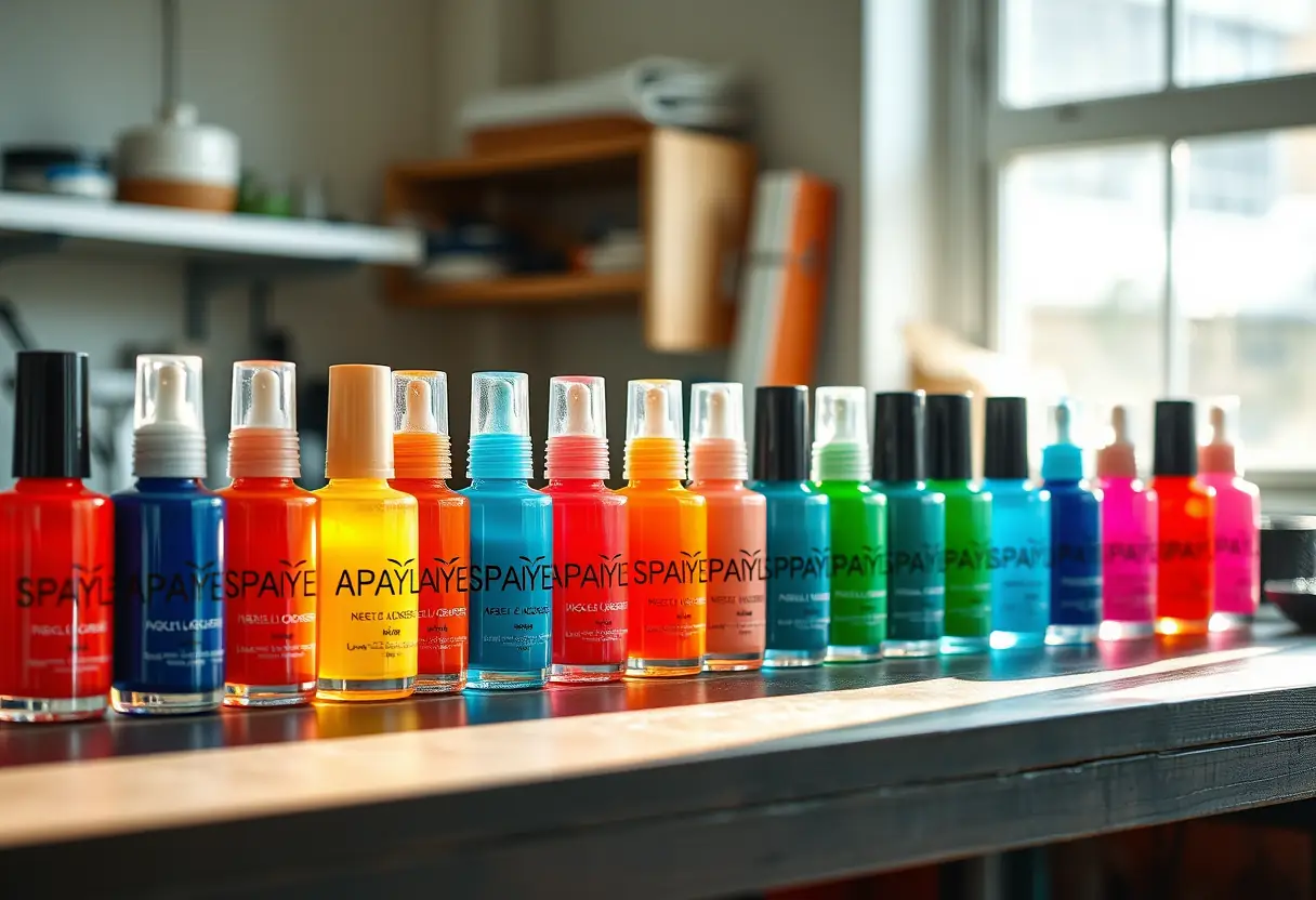 Des bouteilles de polishes acryliques colorés alignées sur un bureau de travail, éclairées par la lumière du soleur