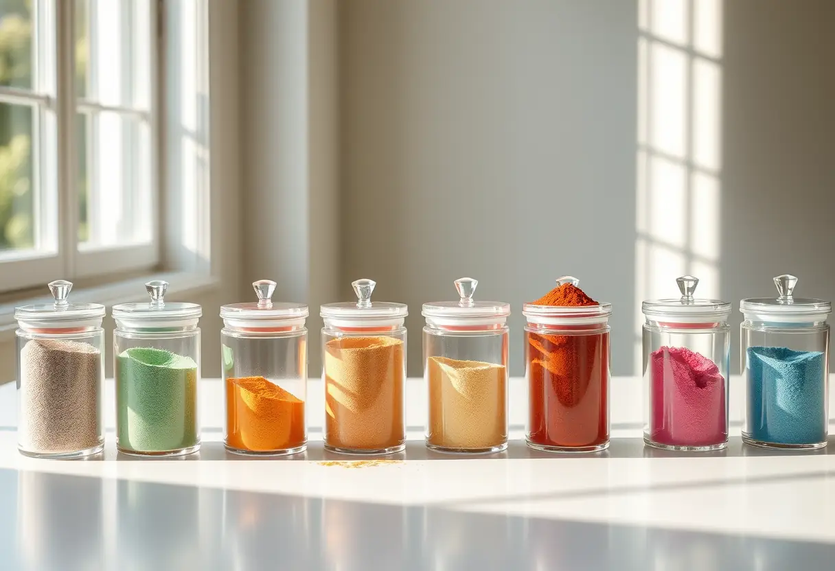 Des contenants de poudre acrylique organisés sur un comptoir blanc, lumière naturelle