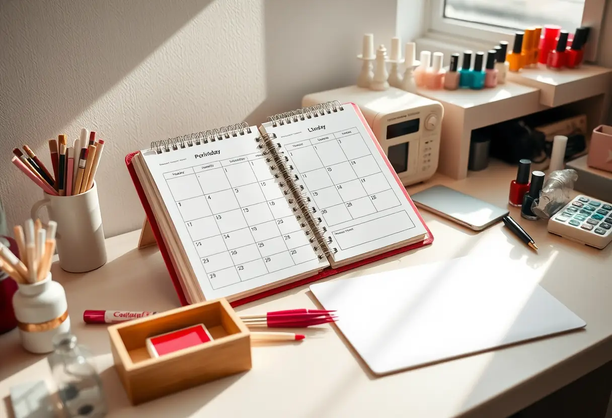 Un bureau bien rangé dans un salon de nail art avec un agenda ouvert sur la journée actuelle