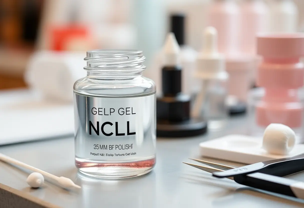 Un pot de gel transparent sur un bureau de salon d'esthétique, avec des outils à proximité