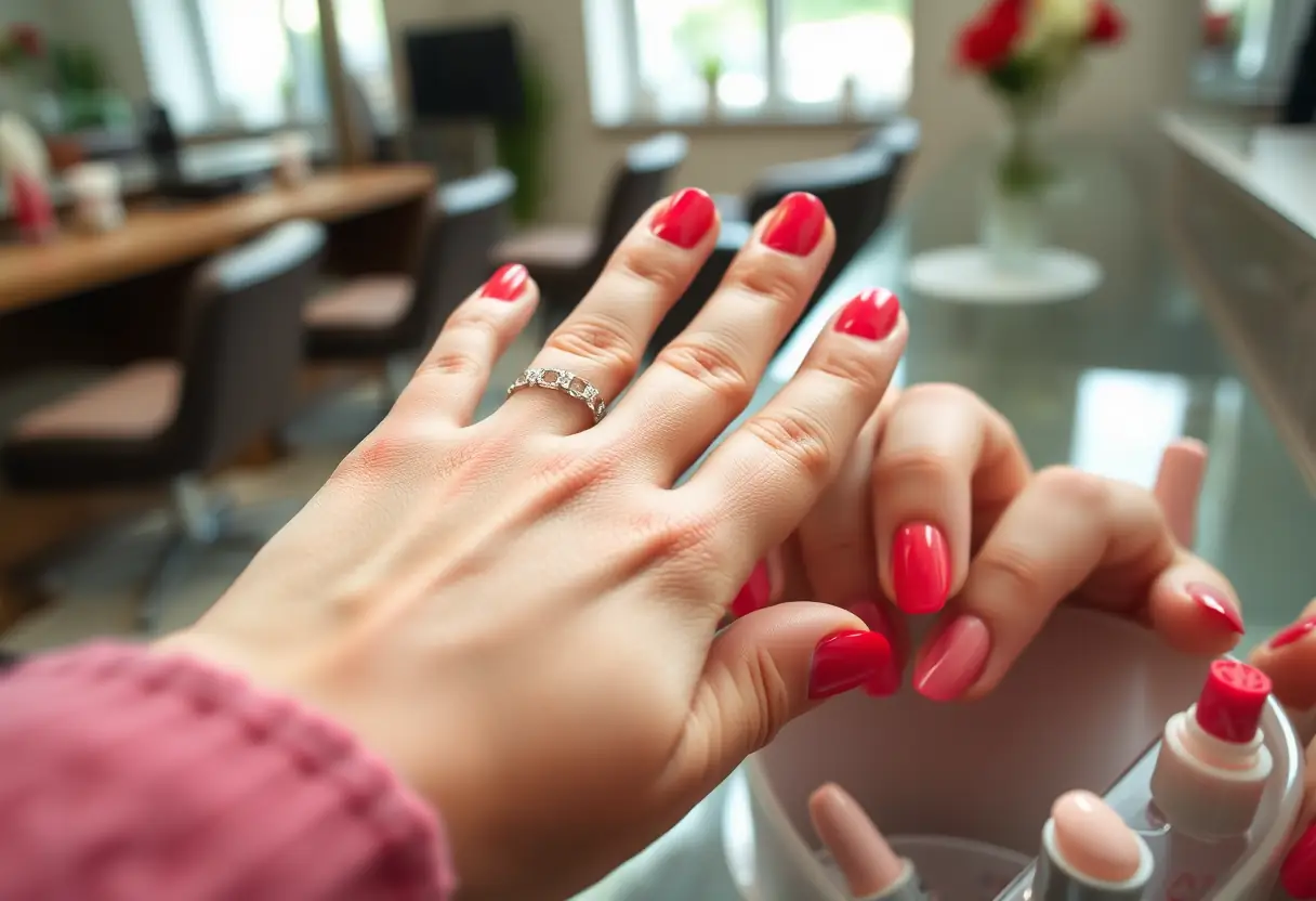 Main de cliente avec ongles irrités parmi ceux bien entretenus au salon