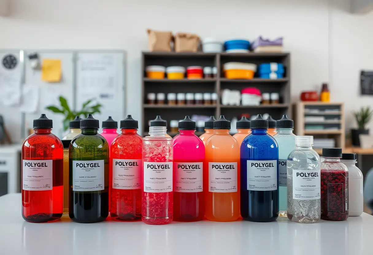 Espace de travail bien rangé avec des bouteilles de polygel de différentes couleurs