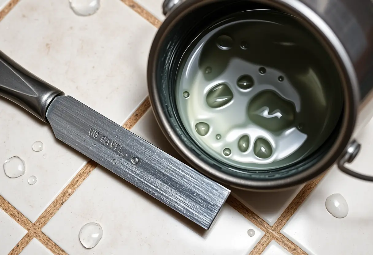 Fichier métallique et seau d'eau dans une salle de bains, soins des pieds