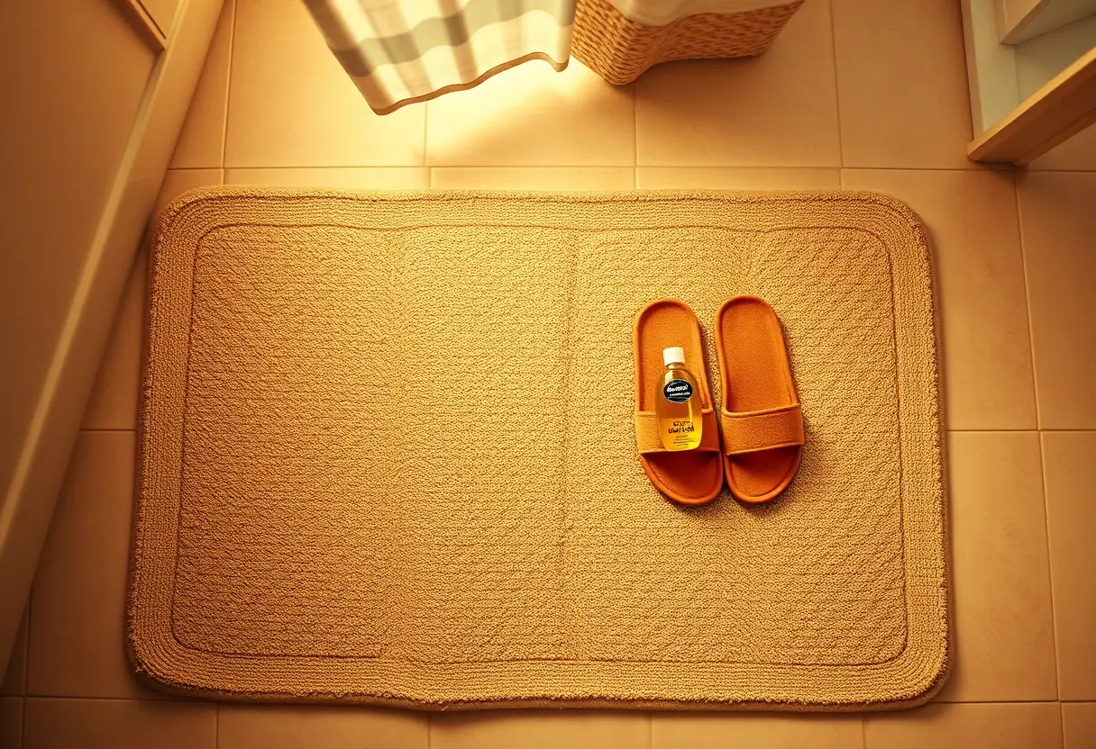 Plancher de salle de bain avec tapis de bain et pot à huile pour cuticules