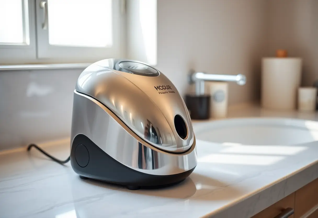 Machine de pédicure électrique sur comptoir de salle de bain, design moderne souligné par la lumière reflétée