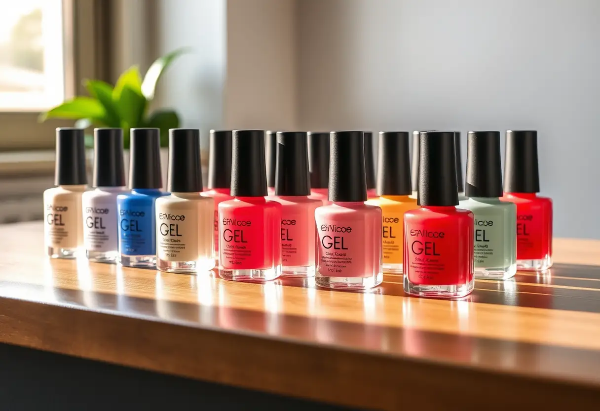 Bouteilles de polishes gels alignées sur un comptoir en bois