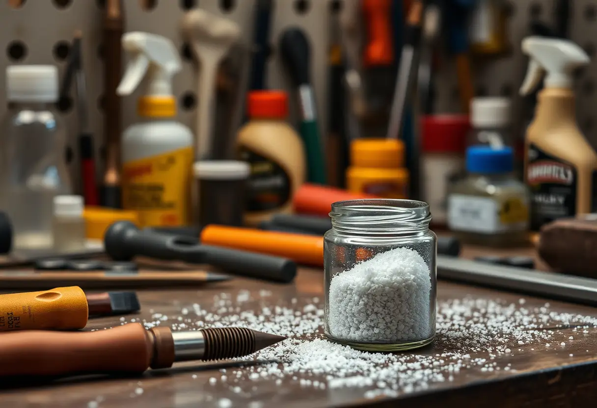 Bocal contenant des particules de poudre acrylique sur un bureau de prothésiste ongulaire