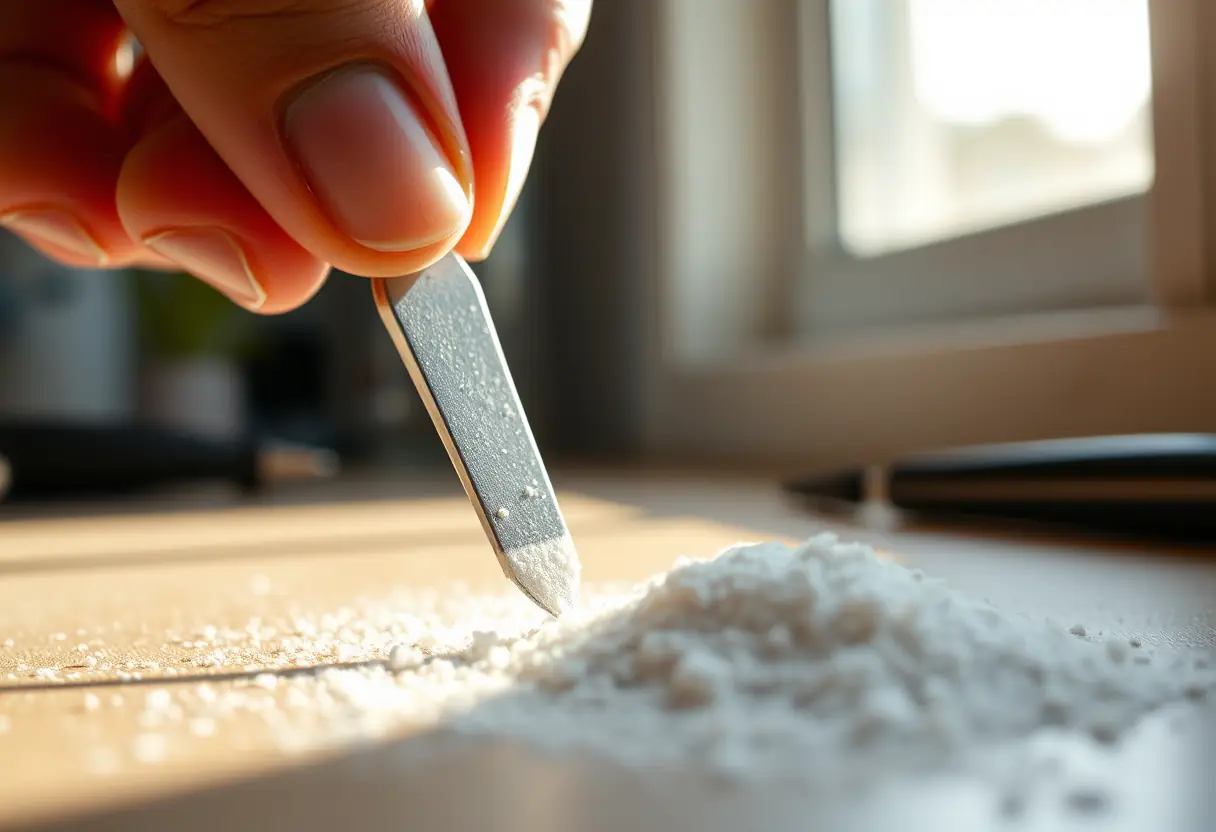 Main d'une esthéticienne tenant un outil de ponçage avec de la poussière d'ongles artificiels