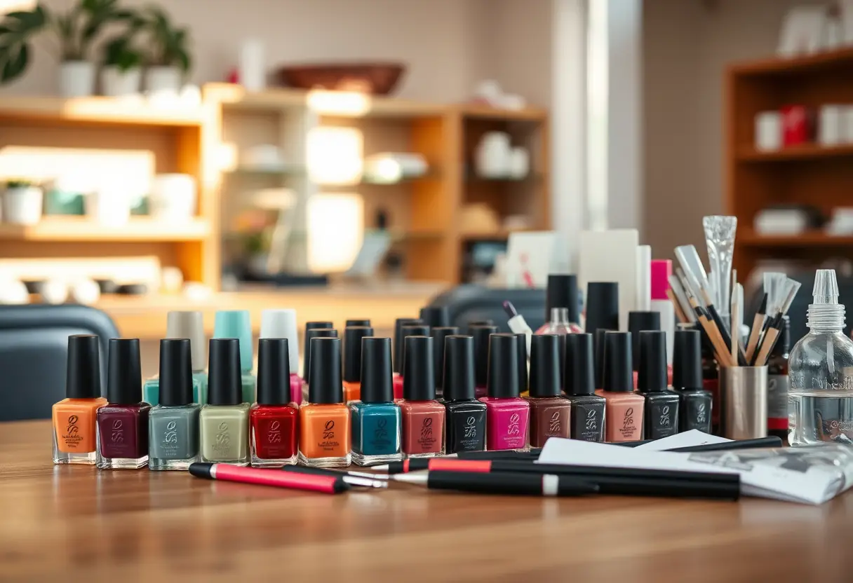 Bouteilles de vernis et outils d'ongles bien rangés sur une table de salon à Pont-Remy