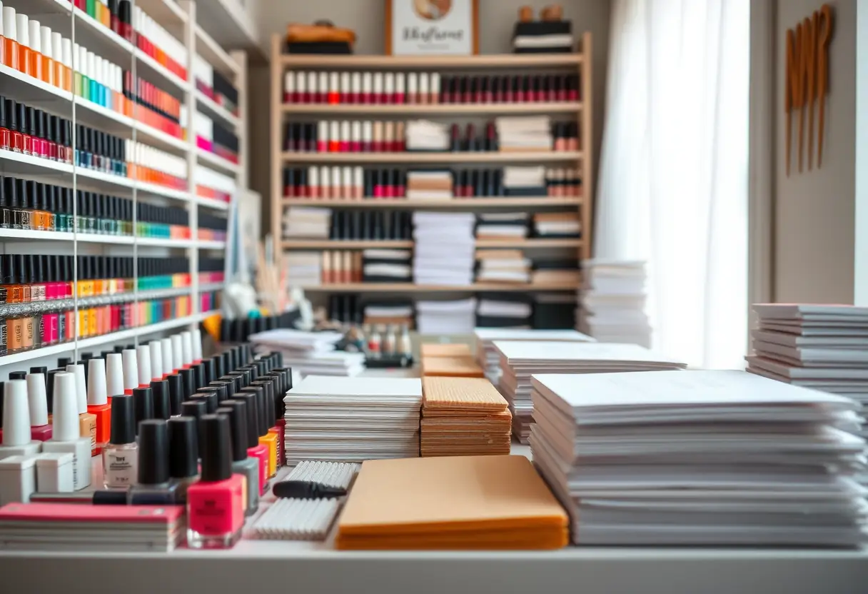 Un espace de travail organisé avec des rangées de vernis à ongles colorés et des outils bien rangés pour le nail art professionnel