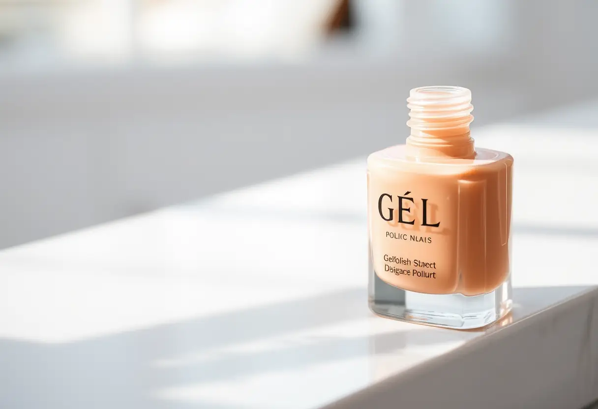 Une bouteille de gel polissoir nude sur un comptoir de salon, éclairée naturellement