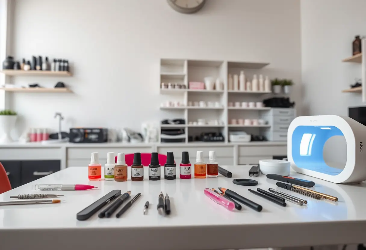 Un poste de travail bien organisé dans un salon de nail art avec des bouteilles de gel et des lampes UV