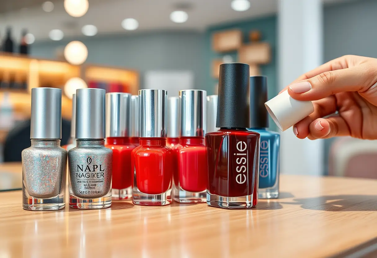 Un ensemble de bouteilles de vernis à ongles organisées sur un comptoir en bois clair dans une pédicure