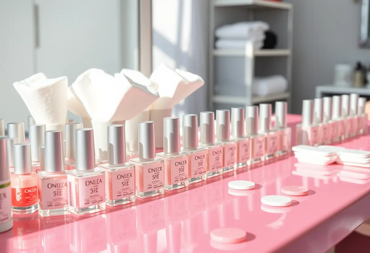 Un comptoir de salon avec des bouteilles de polissage transparent et des cotons blancs sous une lumière naturelle
