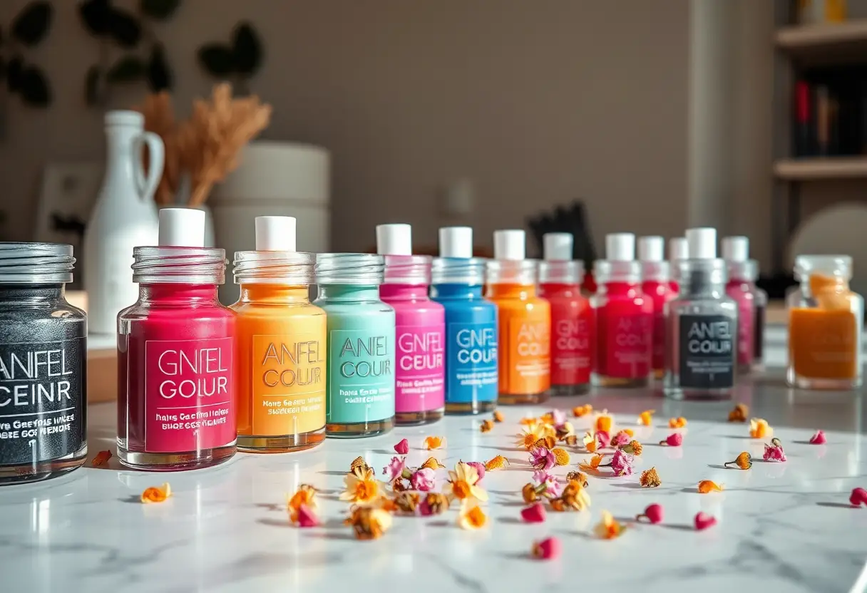 Image principale : un comptoir de manucure avec des bocaux de vernis gels colorés et de petites fleurs sèches