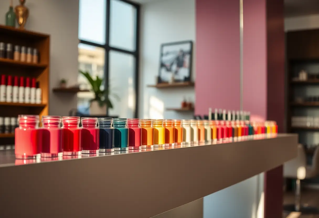 Intérieur d'un salon de manucure, présentation de bocaux contenant divers vernis à ongles