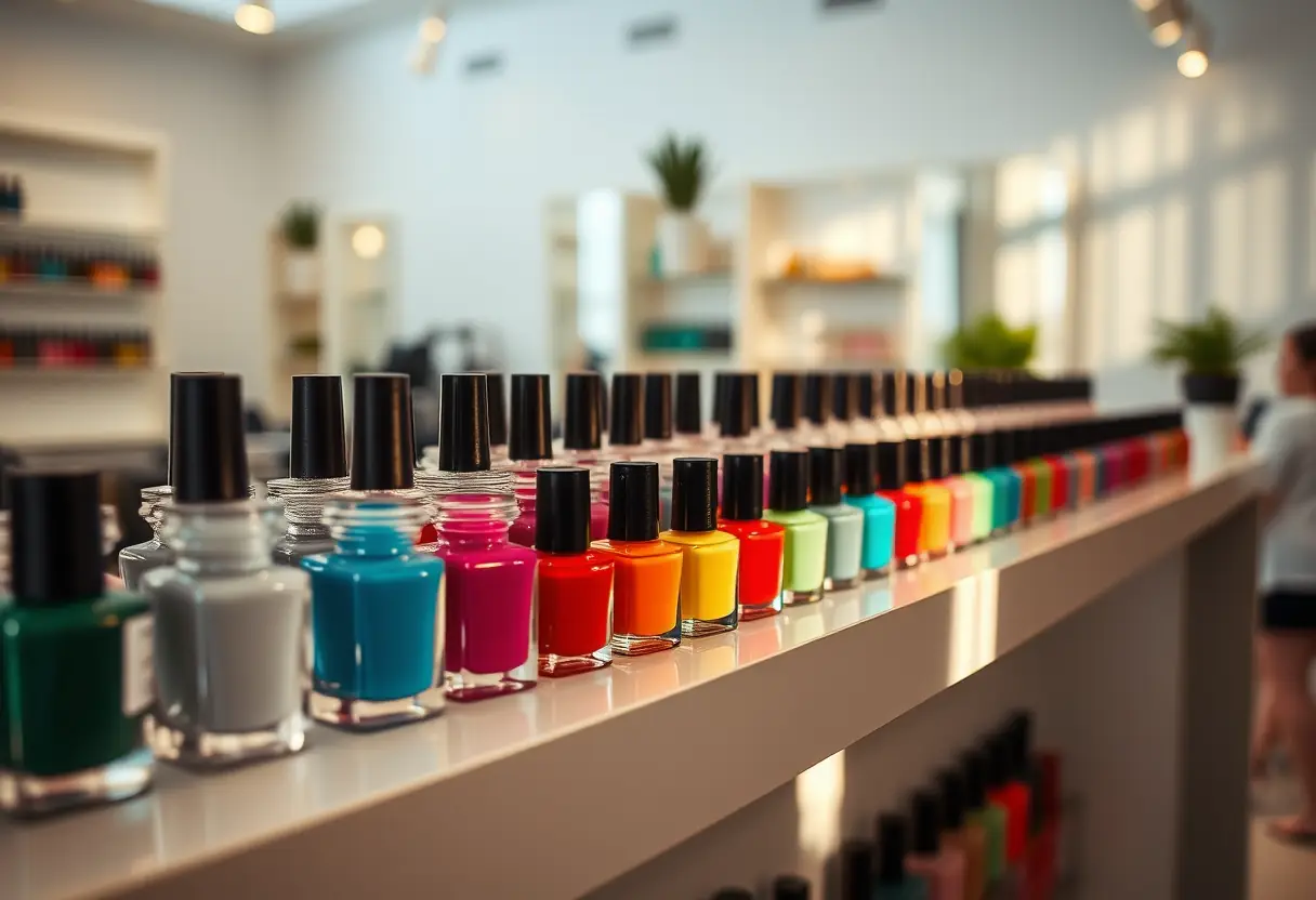 Intérieur d'un salon de manucure, présentation de bocaux contenant divers vernis à ongles