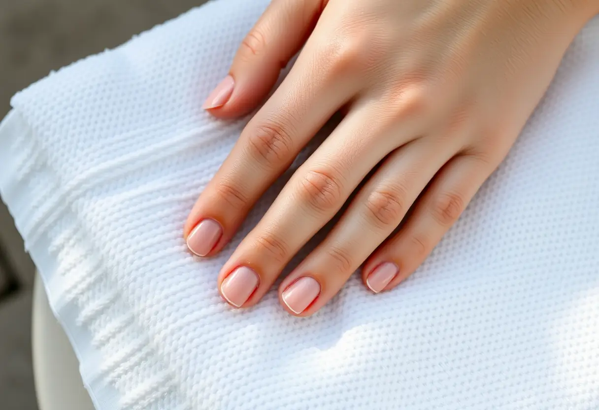 Main de femme avec ongles colorées dans la technique baby boomer