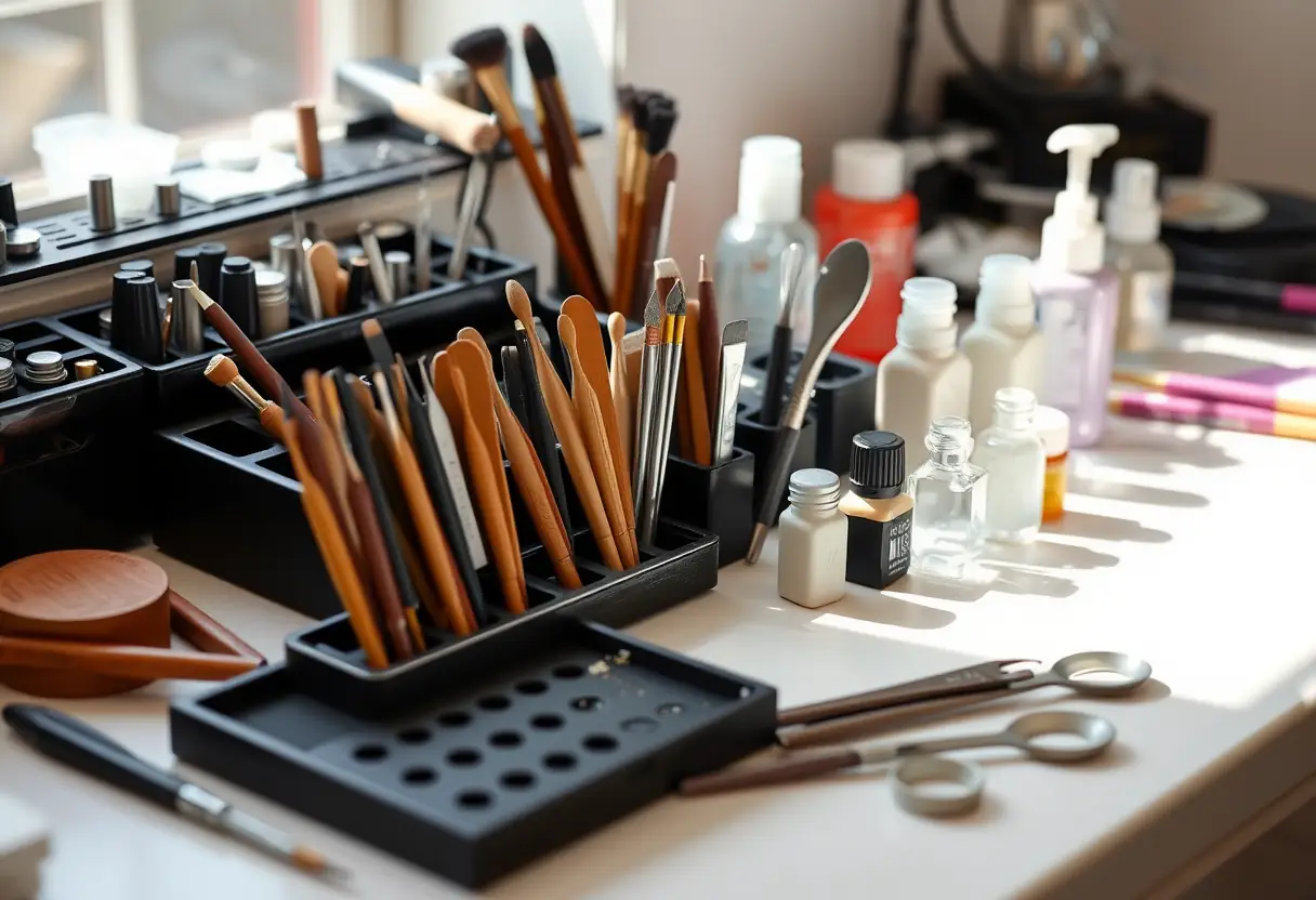 Ongles et outils de prothésie bien organisés dans un salon
