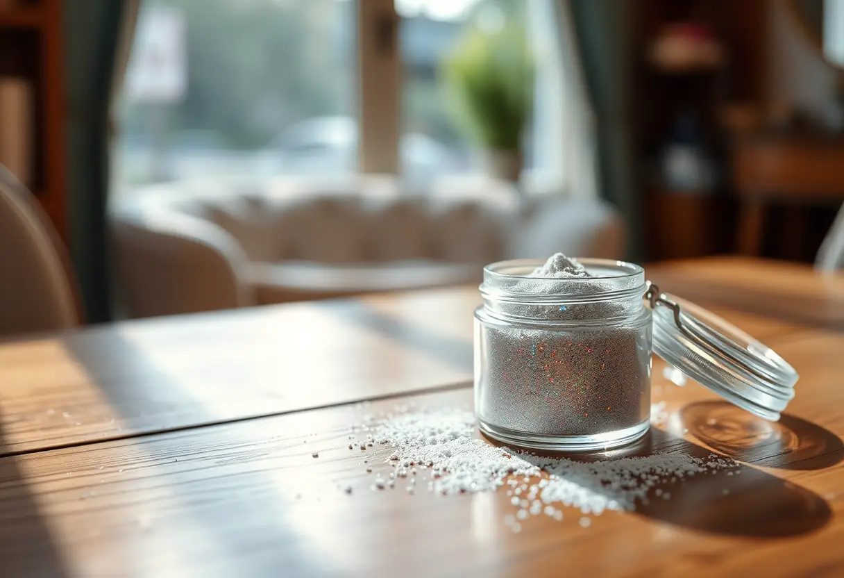 Poudre irisée dans un pot sur une table de salon, Pont-Remy