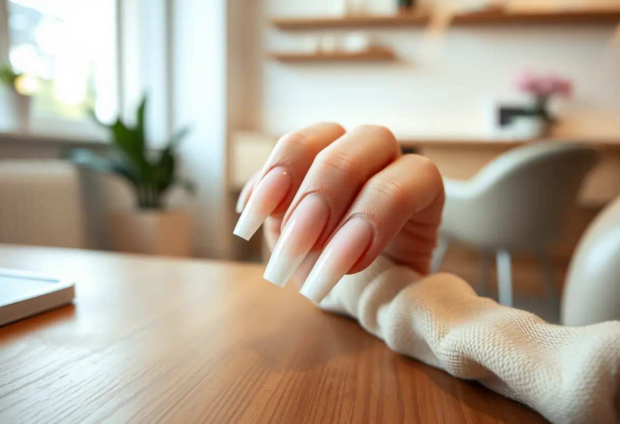 Mainicuré avec dégradé subtil, dans un salon de coiffure chaleureux
