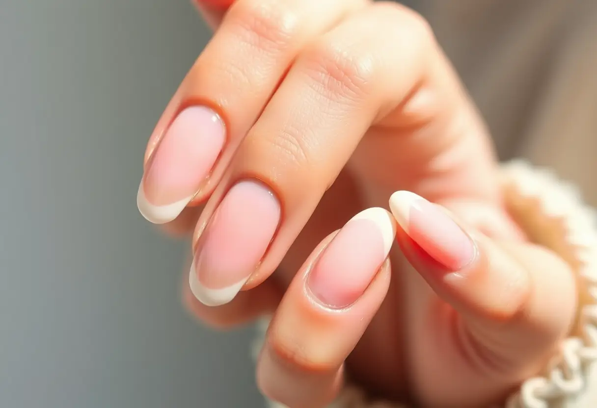 Main de cliente avec ongles courts en forme d'amande et manucure Baby Boomer