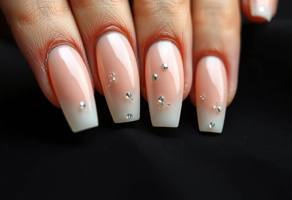 Manucure baby boomer avec paillettes, éclatante et élégante