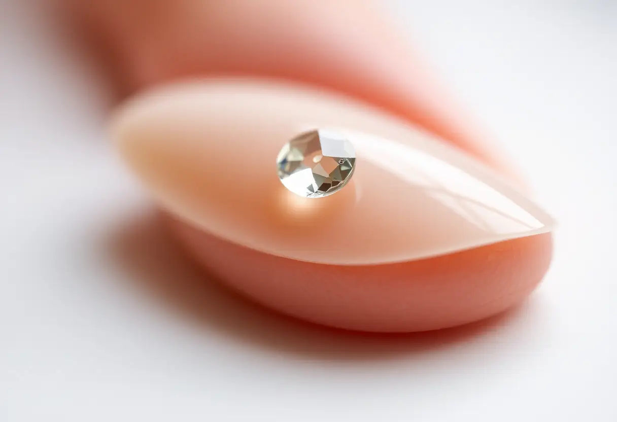 Ongle en amande avec dégradé nude-blanc et strass discret